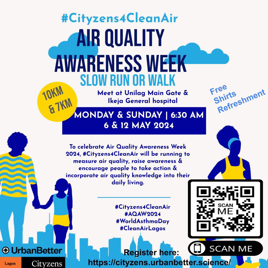 Are you staying around Ikeja or Bariga axis?? Are you interested in taking a slow run and measuring the air quality with us? Join us on Monday, May 6 at each location by 6:30am 🥳😌
Click on the link in my bio to register cityzens.urbanbetter.science  @UrbanBetter #cityzens4CleanAir