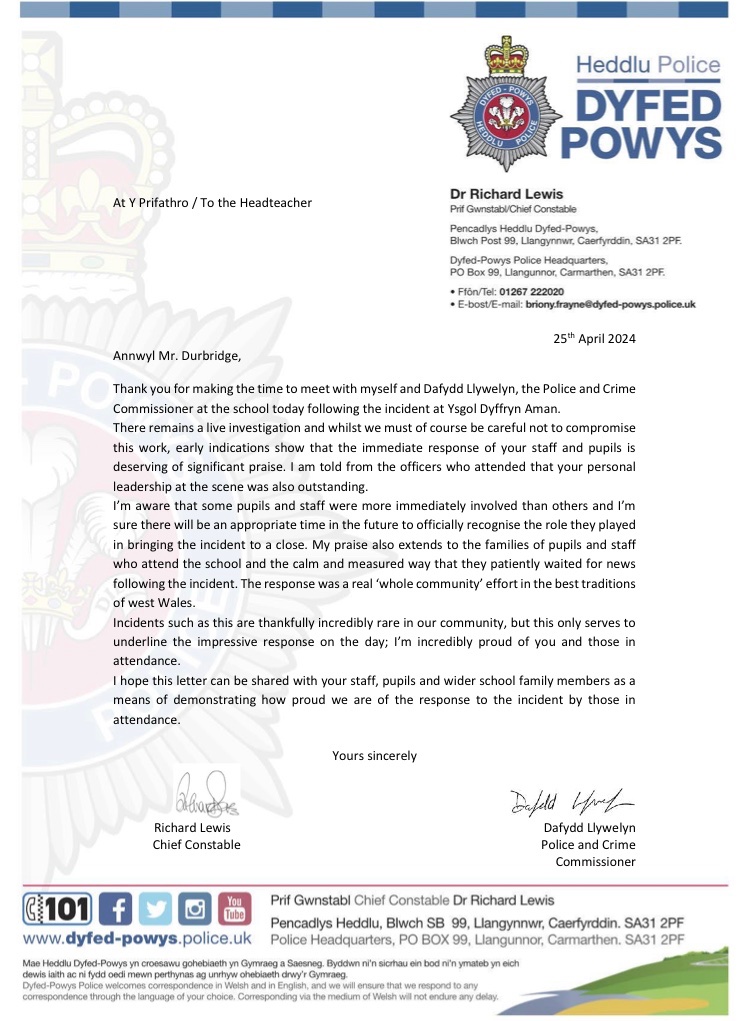 For the attention of Parents / Carers: There are two letter for your attention, one from Mr Durbridge, and the other from the Chief Constable of Dyfed Powys Police.