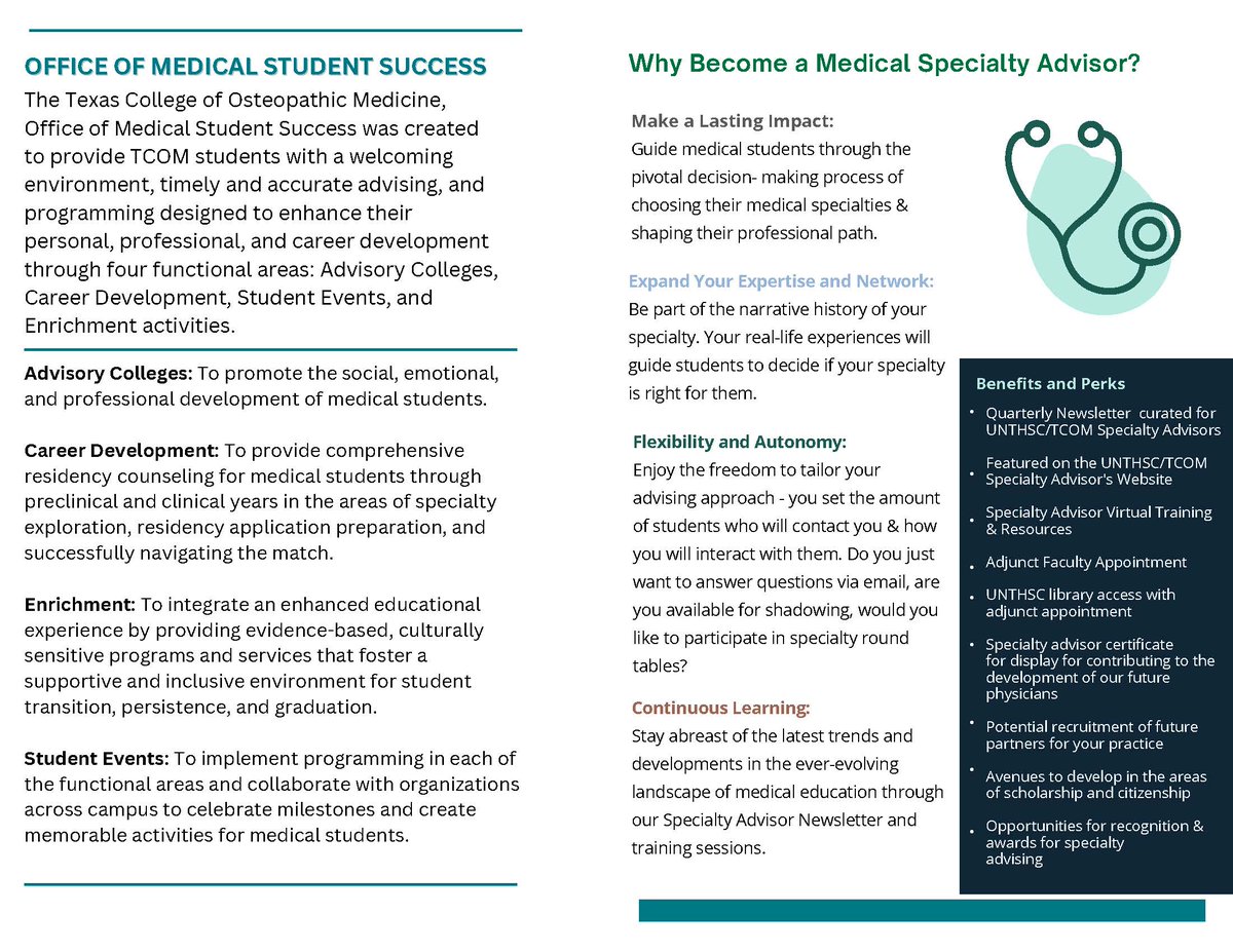 TCOM’s Office of Medical Student Success is a pillar in helping our students navigate medical school, and it’s growing! We are building a Specialty Advisor Program and are looking for seasoned specialists. Learn more at careerdevelopment@unthsc.edu and join us today!