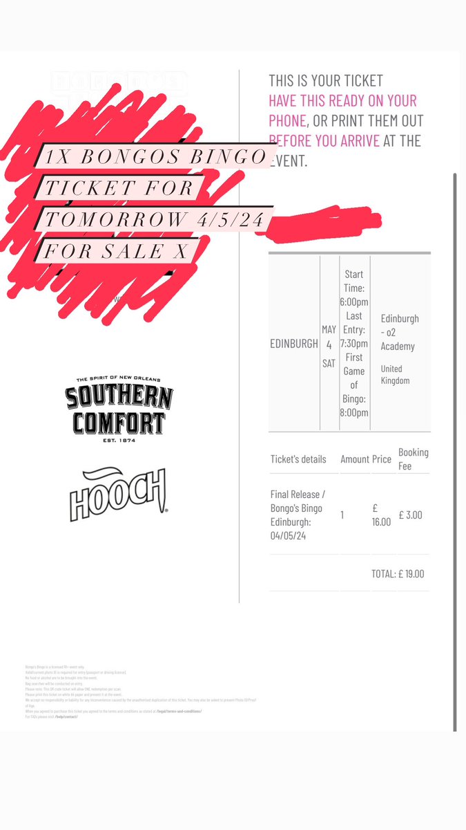 1x bongos bingo ticket for tomorrow 4/5/24 Edinburgh £15 x