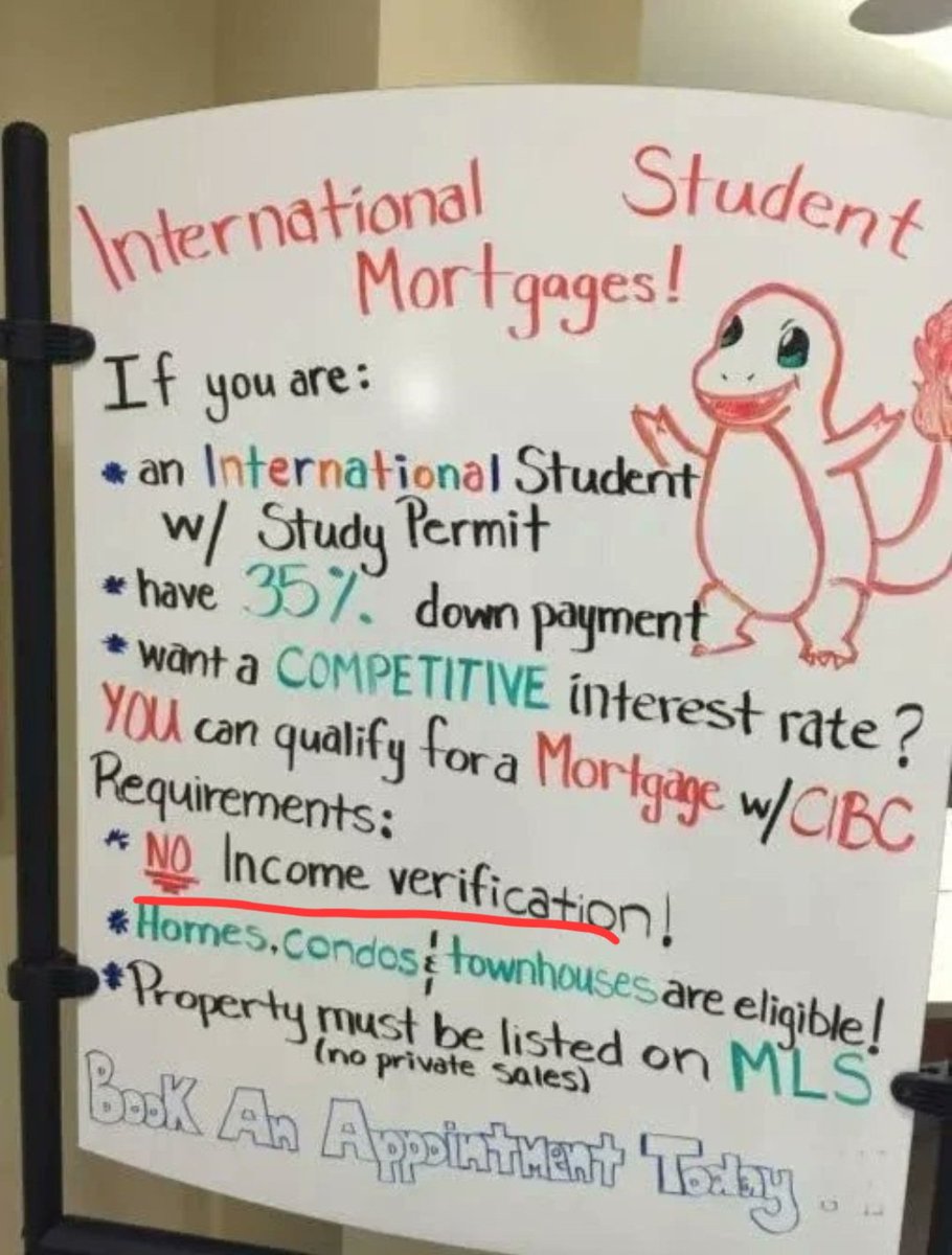 The money laundering in Canada's real estate and its bubble could be worse than realized.

Please someone tell me if this is real or not.

No income verification mortgages to international students if they got a 35% down payment?!