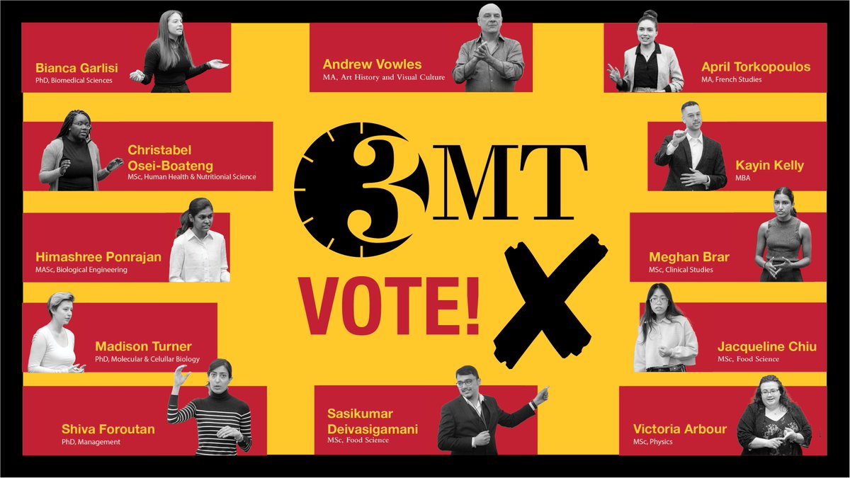The #UofGuelph #3MT2024 Community Choice Prize is ready for your vote! Click on uoguel.ph/3mt to watch the college winners' 3-Minute Thesis presentations on YouTube. Then like 👍🏼 your favourite 🎥video to vote! Voting ends at 4:30pm (EST) on May 7th.