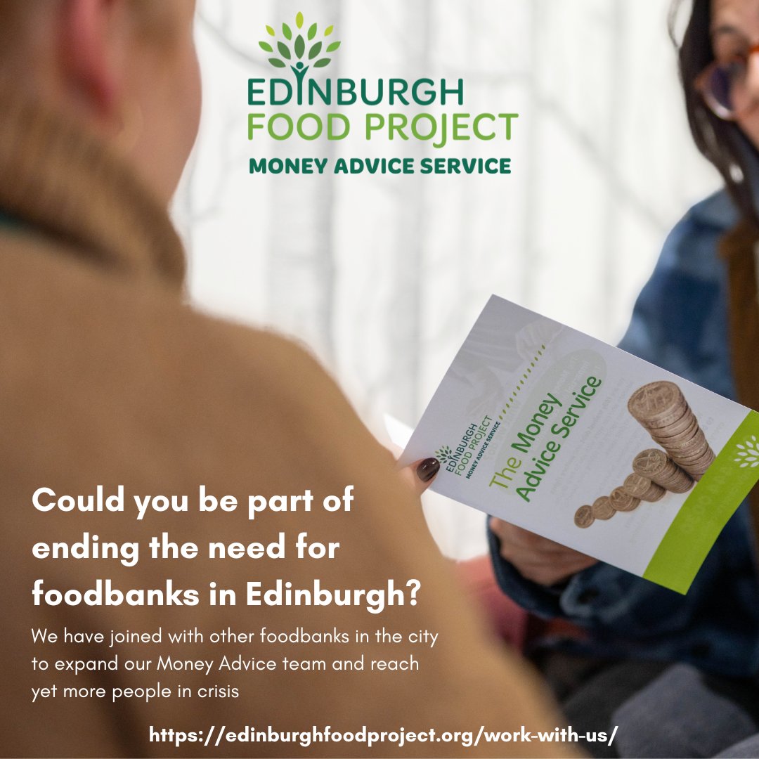 We are hiring for our Money Advice team! If you want to be a part of a team working with thousands of people across to make financial gains and end the need for foodbanks in Edinburgh, we want to hear from you 🫵 Find out more: edinburghfoodproject.org/work-with-us/ #Edinburgh #Hiring