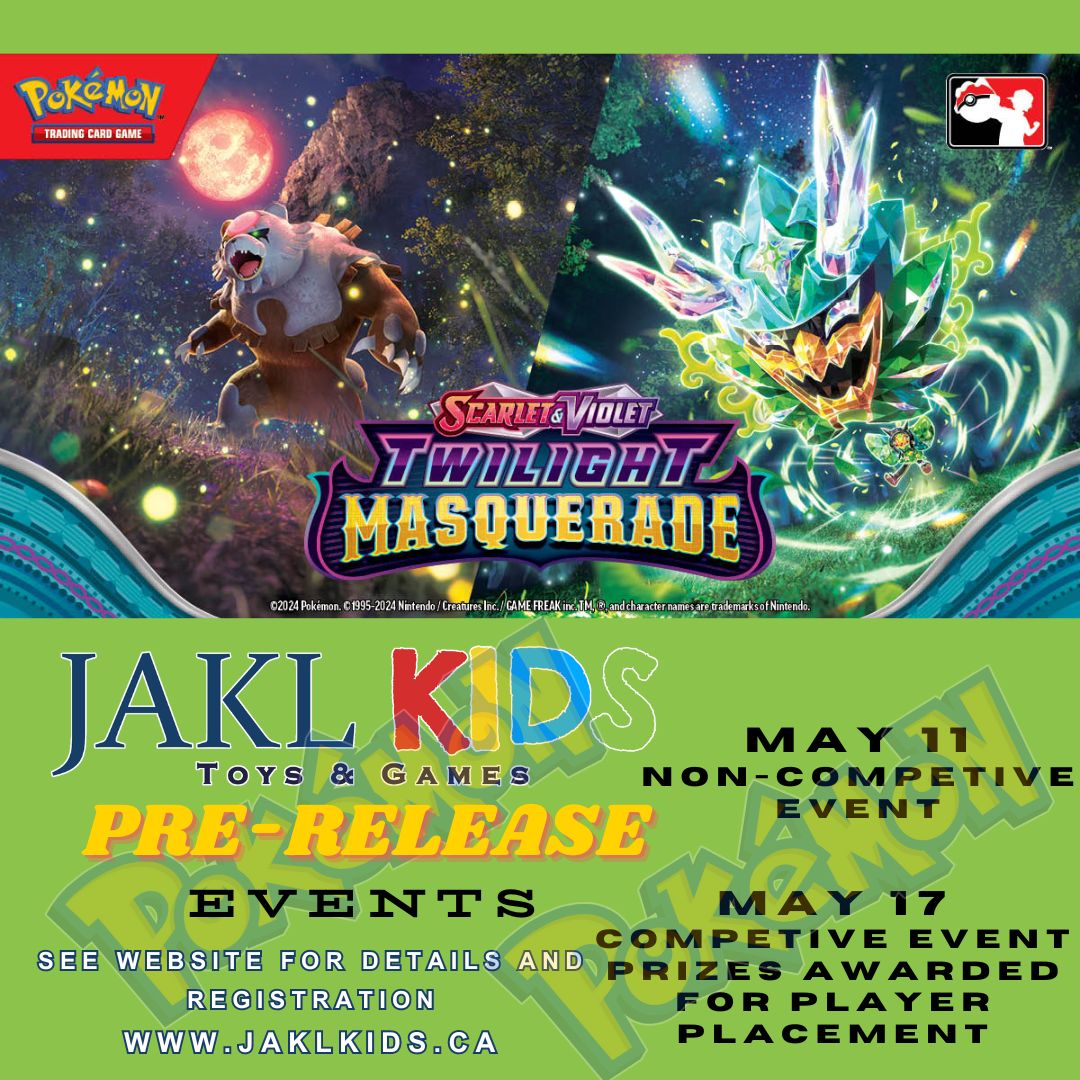 Excited for the pre-release of Pokemon's newest set Twilight Masquerade? Join us at our NEW location for a pre-release build & battle tournament. Please visit our website for more details and to register. jaklkids.ca/events
NEW LOCATION:Orangeville Mall, 150 First Street#118