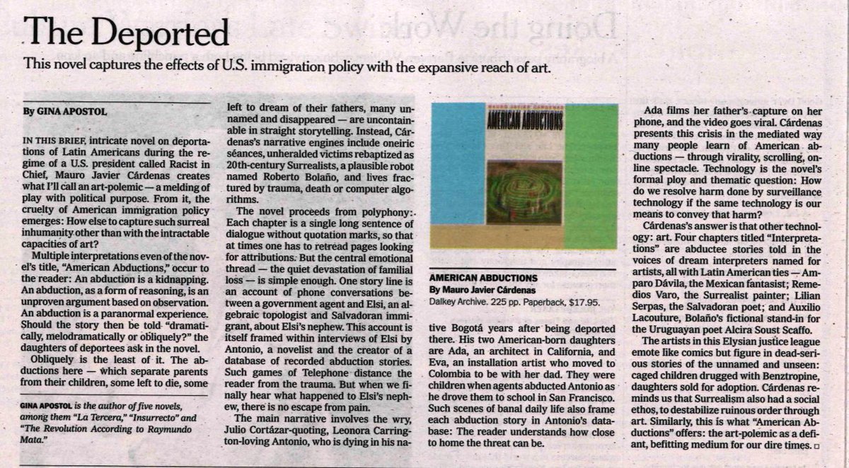 An incredible review of AMERICAN ABDUCTIONS in NY Times By Gina Apostol “Reminds us surrealism also had a social ethos, to destabilize ruinous order through art. Similarly this is what AMERICAN ABDUCTIONS offers: the art-polemic as a defiant befitting medium for our dire times”
