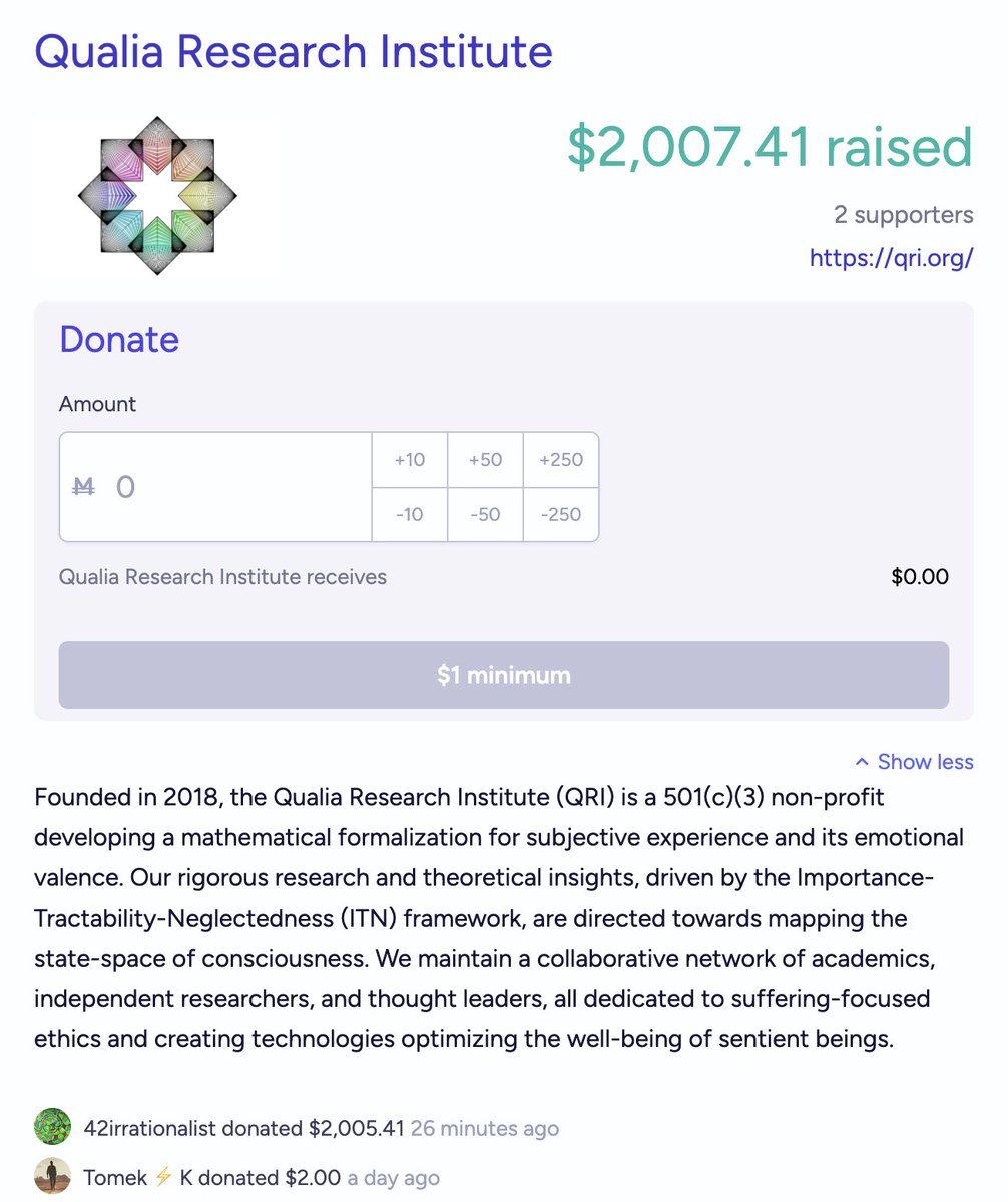 I've just donated $2,005.41 to @QualiaRI on @ManifoldMarkets. QRI's research has been massively impactful for my own mental health (neural annealing and related models). QRI is also at the frontier of building a formal theory of consciousness. I'm proud to make this donation!