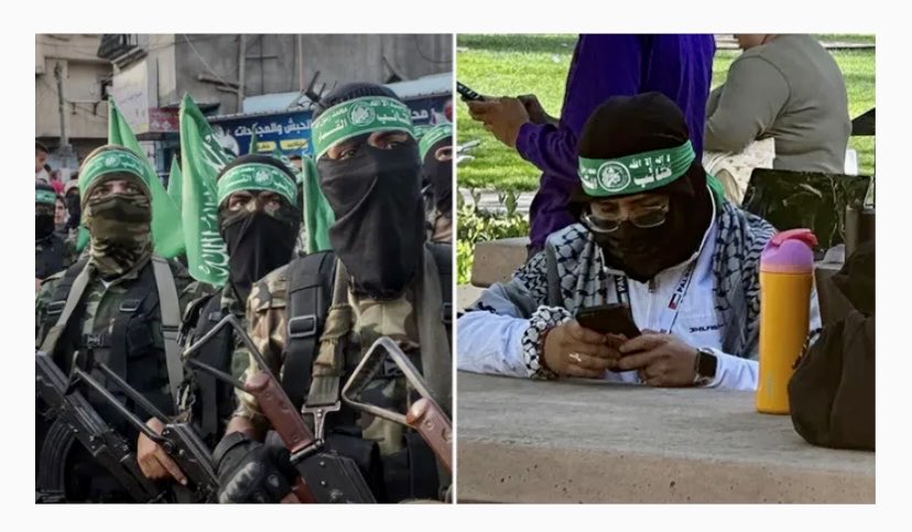 The al-Qassam Hamas terrorists on the left are in the MidEast. The terrorist on the right with the same headband was at Stanford U this week. To point that out is not Islamophobia. It is self preservation. The President, the FBI and our AG should know that and address that now!