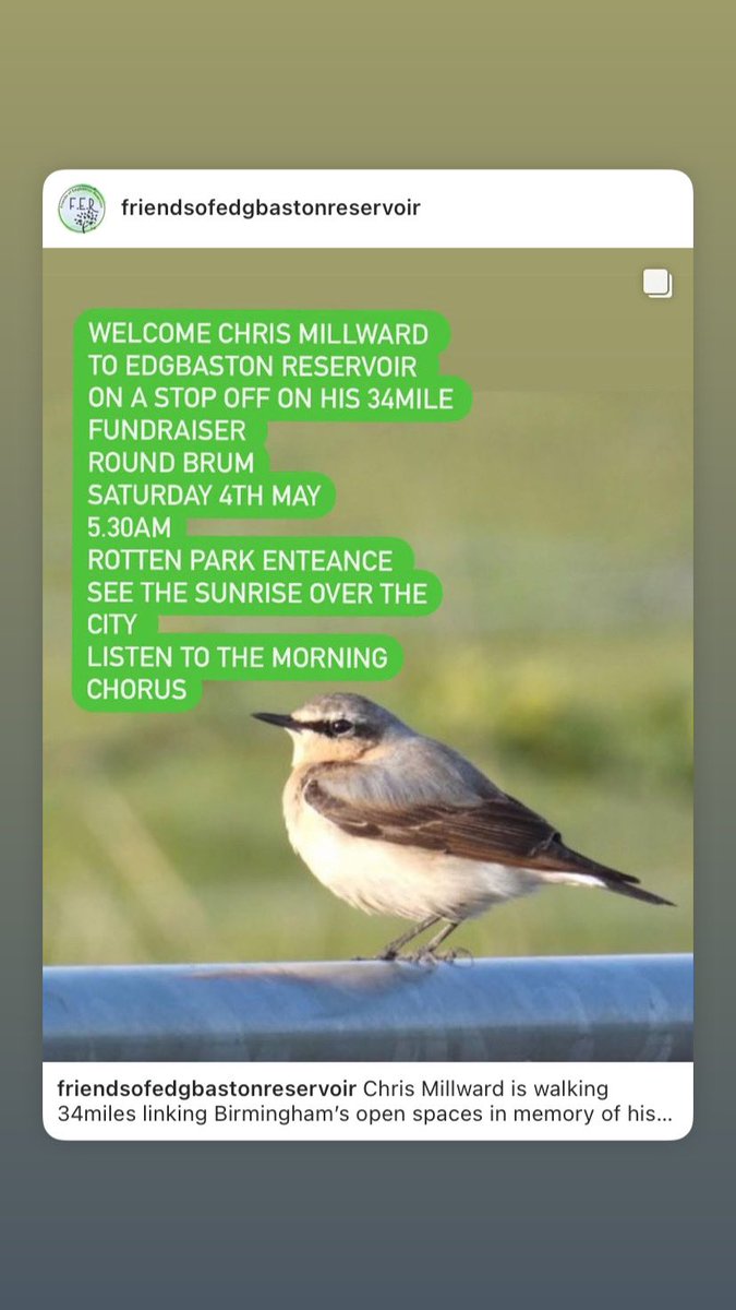Chris Millward of @Team4Nature is fundraising for @BOSFonline on his 34mile walk. Join Chris at #edgbastonreservoir to catch the dawn chorus , Meet at Rotten park gate at around 5.30 am on Sat, 4th May for the ‘early birds’. bosf.org.uk/birds-open-spa…