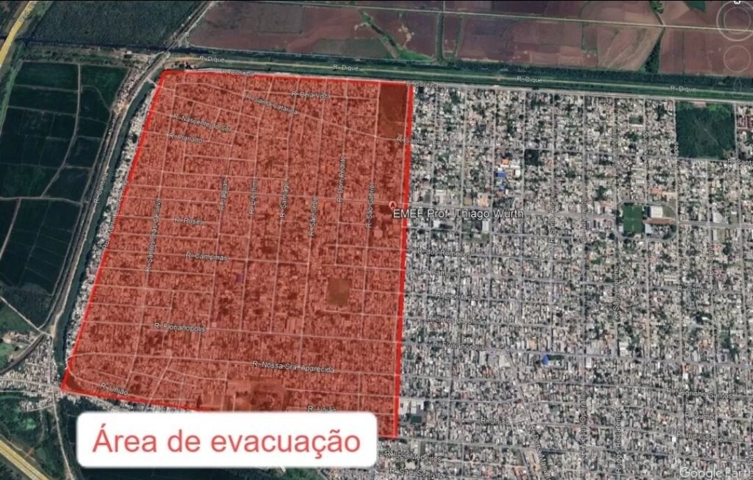 Canoas/RS A prefeitura mandou evacuar toda esta área que aparece no mapa devido ao transbordamento do arroio Araçá. Os moradores do bairro Mato Grande devem deixar suas casas imediatamente e buscar abrigo na casa de familiares ou no Centro Olímpico