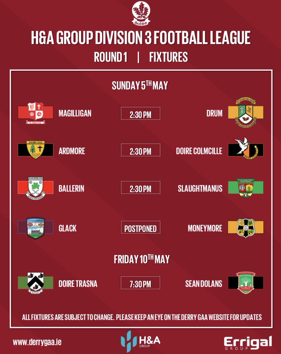 🇦🇹 𝗖𝗟𝗨𝗕 𝗙𝗜𝗫𝗧𝗨𝗥𝗘𝗦

🏐 This weekend marks the commencement of the @hagroup1993 𝗗𝗶𝘃.𝟯 Football League. 

🏐 𝗗𝗶𝘃.𝟭 & 𝟮 continues, with Round 5 getting underway.

Check out the Derry GAA website for fixture details and updates:
🔗: derrygaa.ie/fixtures/?coun…