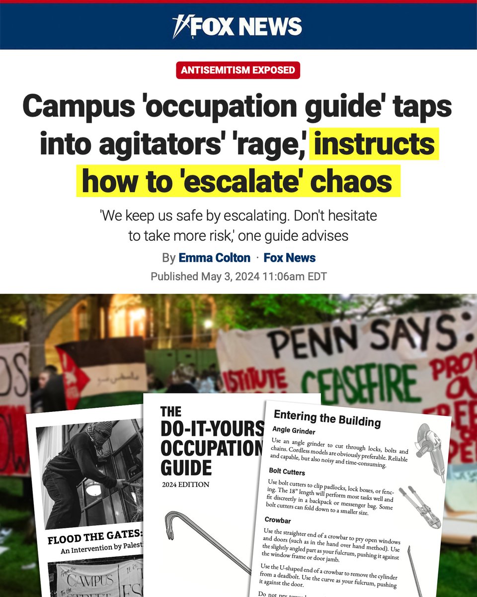 EXCLUSIVE: 'Anti-Israel radicals on @Penn's campus are passing around multiple guides directing agitators on how to break into buildings, 'escalate' protests, create weapons and even administer first aid.' @EmmColt/@FoxNews ➡️ fxn.ws/3y0biy6