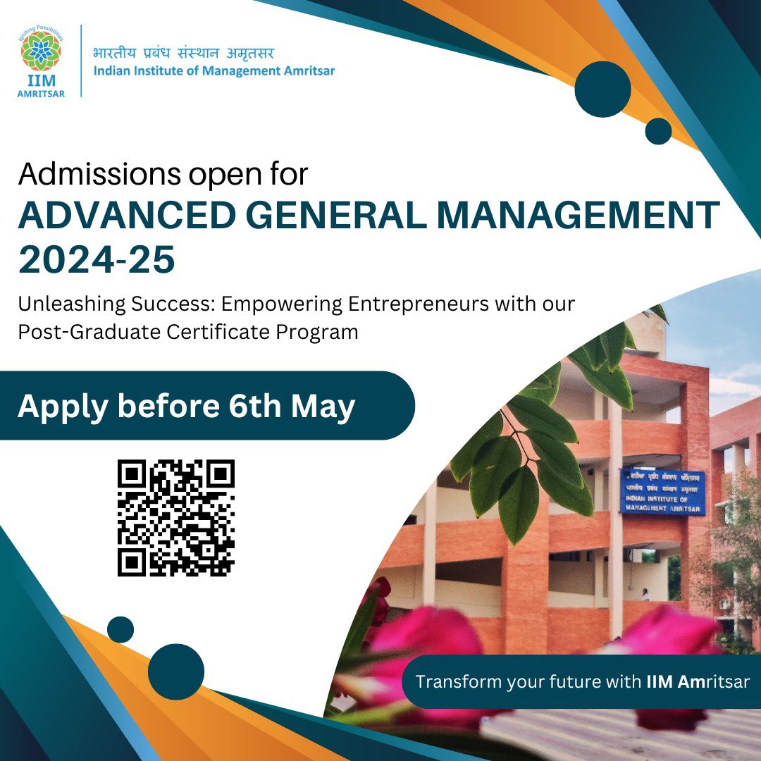 Your Path to Leadership: Applications Open for IIMAm’s AGMP 2024-25!

Sharpen your skills and propel your career to new heights.

Don't miss this opportunity! Applications for the 2024-25 session are now open.

#IIMAm #IIMAmritsar #AGMP #ExecutiveEducation