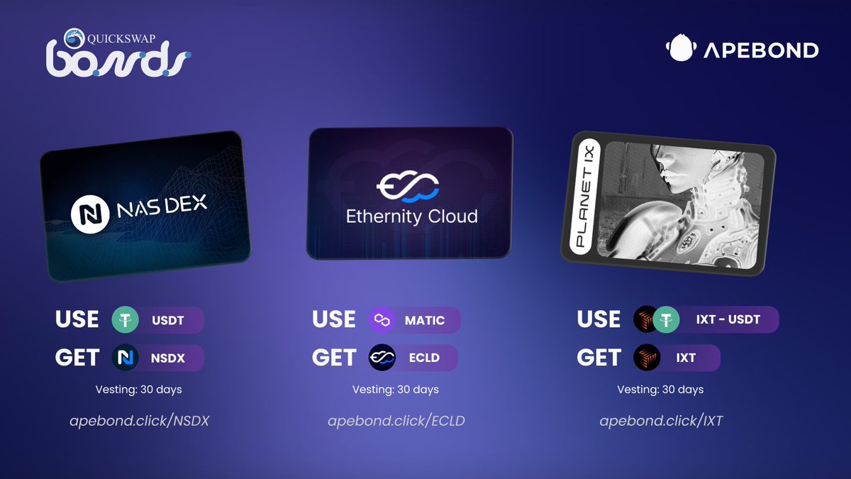 Happy Friday! 🐲 Exciting news as we team up with @QuickswapDEX to launch three Bonds on #Polygon featuring @nasdex_xyz, @Ethernity_cloud, and @Planetix0! 💜 Check the details below to learn more about our partners and discover how to acquire their tokens at a discount! 👇 🏦…