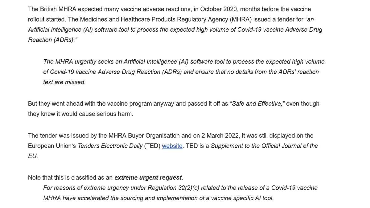 @JacquiDeevoy1 The MHRA put out a tender for software to collate vax damage in Oct 2020, BEFORE the vax rollout in Dec 2020. They KNEW before the first injection took place that it was/is dangerous. Comments please @CMO_England goodsciencing.com/covid/mhra-exp…