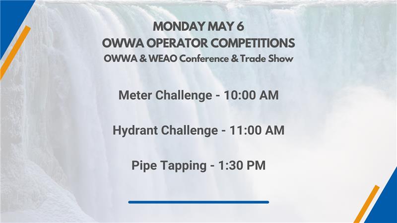 Conference Attendees! Don't forget to come watch the OWWA & WEAO Competitions!

Many talented water professionals will compete in Meter, Hydrant, and Pipe Tapping Challenges.

Check out the schedule and stop by!
#Water24