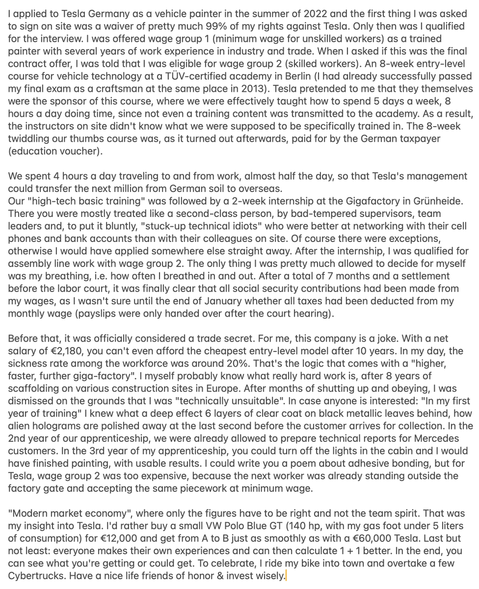 Recht interessant: Erfahrungsbericht eines Arbeiters aus der Tesla Fabrik in Grünheide deutsch / englisch (DeepL)