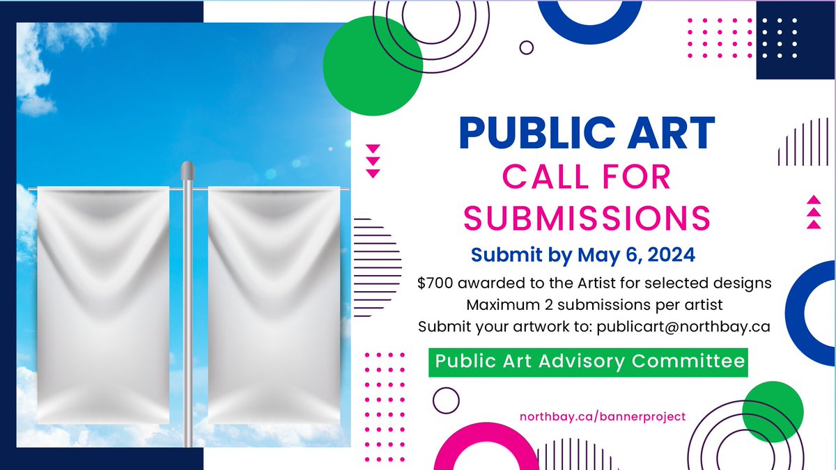 Submit your digital artwork and design by May 6 for the City’s Public Art Advisory Committee’s banner art project. Banners will be mounted onto the light posts along the Lakeshore Drive overpass leading into the West Ferris and downtown areas. Learn more> northbay.ca/bannerproject