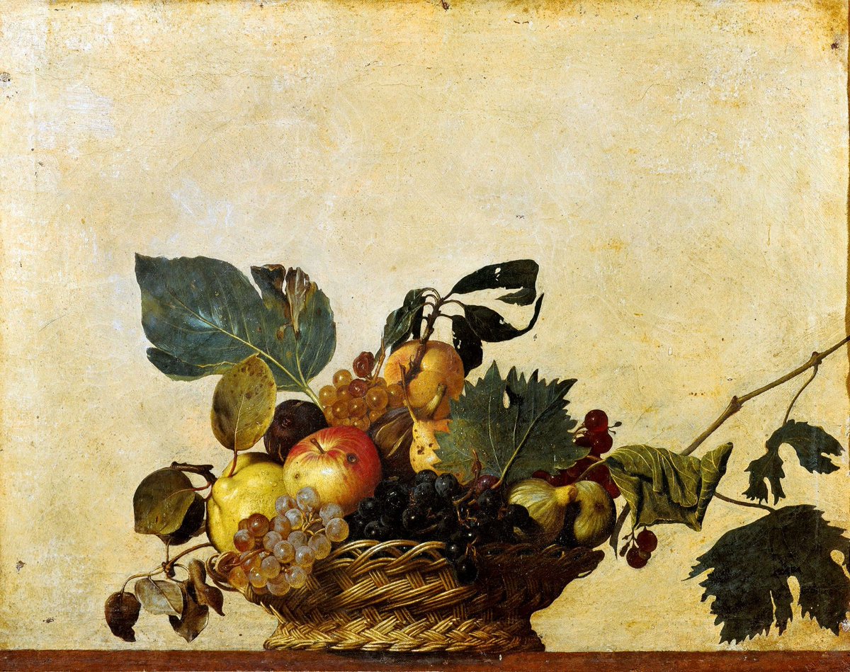 'Basket of Fruit' by the Italian Baroque master Michelangelo Merisi da Caravaggio, 1599. Currently located at the Ambrosian Library, in Milan. #OGC #artdetective #artcrime #arttheft ##lootedartifacts #baroque #paintingoftheday