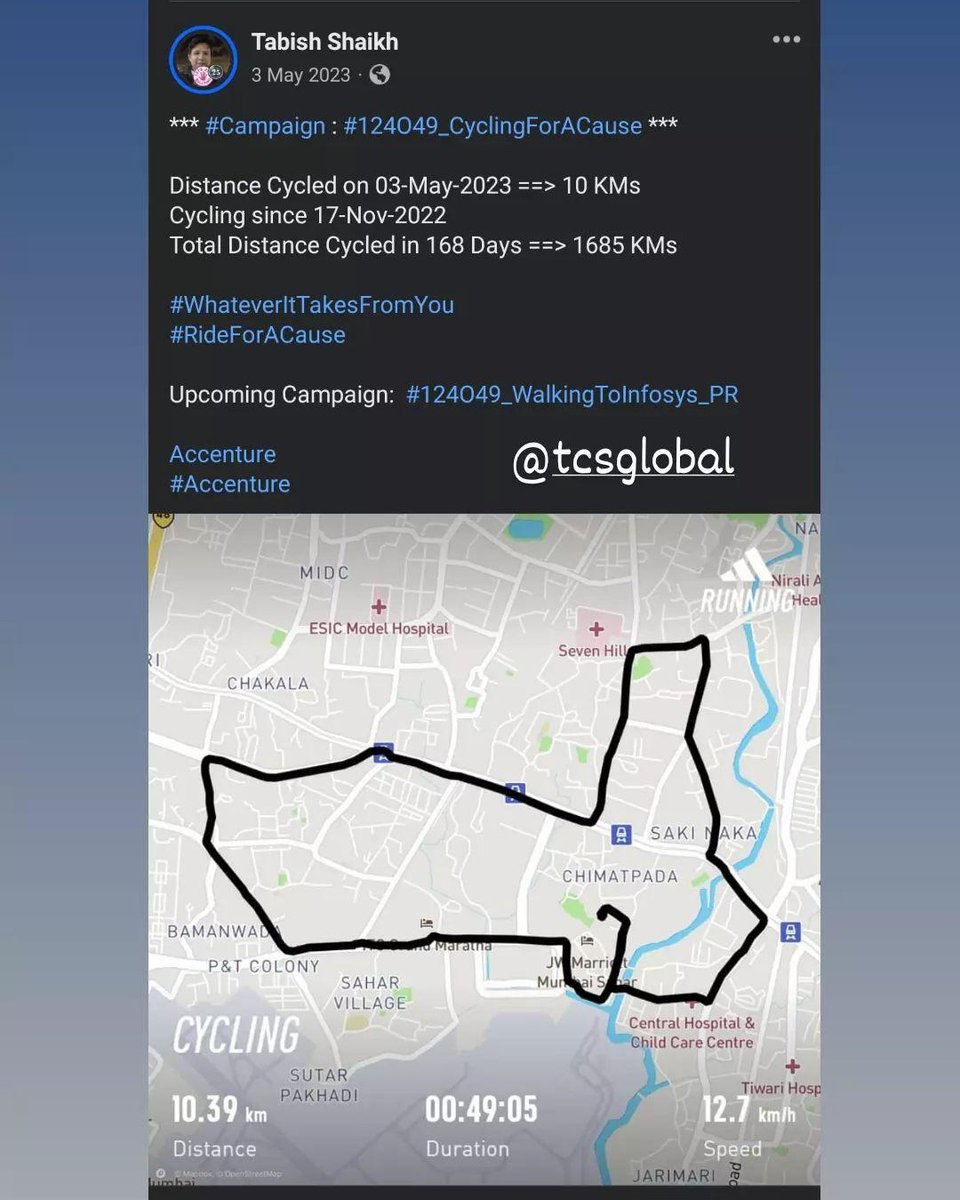 *** #Campaign : #124O49_CyclingForACause ***

Distance Cycled on 03-May-2023 ==> 10 KMs
Cycling since 17-Nov-2022 
Total Distance Cycled in 168 Days ==> 1685 KMs

#WhateverItTakesFromYou
#RideForACause 

Upcoming Campaign:  #124O49_WalkingToInfosys_PR

@Accenture
#Accenture

@TCS
