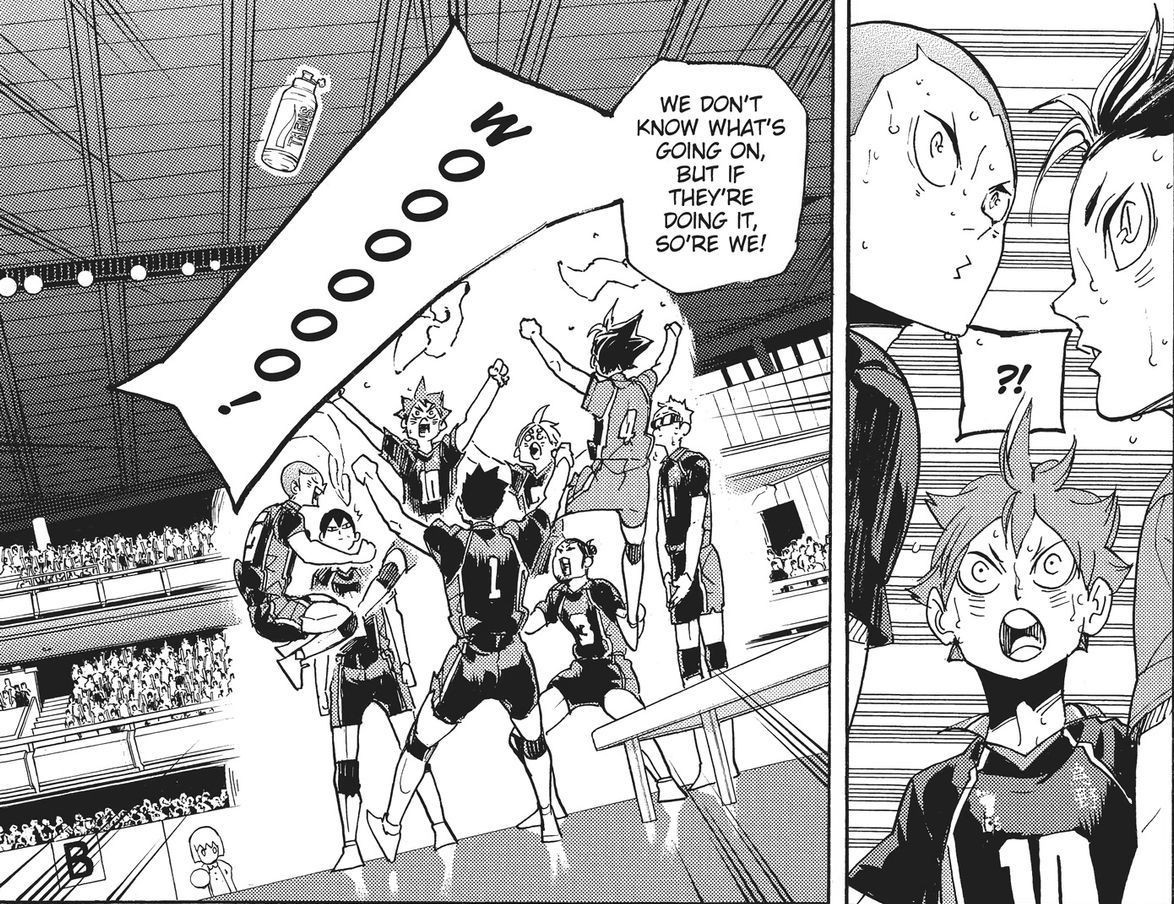 one of my favorite moments from haikyuu cheer screenings is this scene. the wonderful epic soundtrack starts playing with kuroo's words, and everyone in the audience raises their hands and 'wooooo!!'s really loudly together with both teams. it's just pure volleyball joy 😭