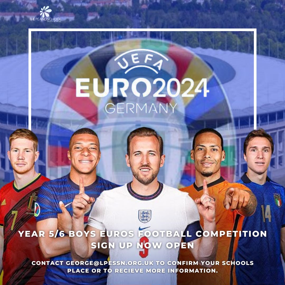 ⚽️ YEAR 5/6 BOYS EUROS FOOTBALL ⚽️

Sign up to our Year 5/6 Boys Euros Football Competition is now OPEN!

🗓️Tuesday 2nd July
⏰ 10:00 - 14:00
📍 GMH Sports Facility

Contact george@lpessn.org.uk to confirm your schools place.
#morethananyoneelse #EURO2024