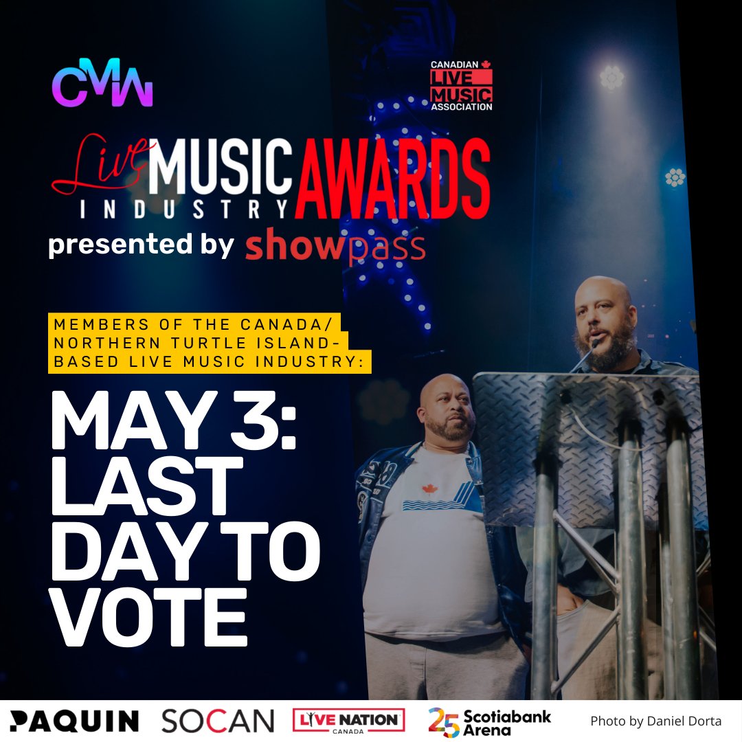 Don't forget, today is the last day to put in your votes for the Canadian Live Music Industry Awards! cmw.net/awards/live/vo…

#CMW2024 #canadianmusicweek #livemusic #canadianmusic #Toronto #canadianlive #awardshow #musicindustry #musicsummit #musicconference