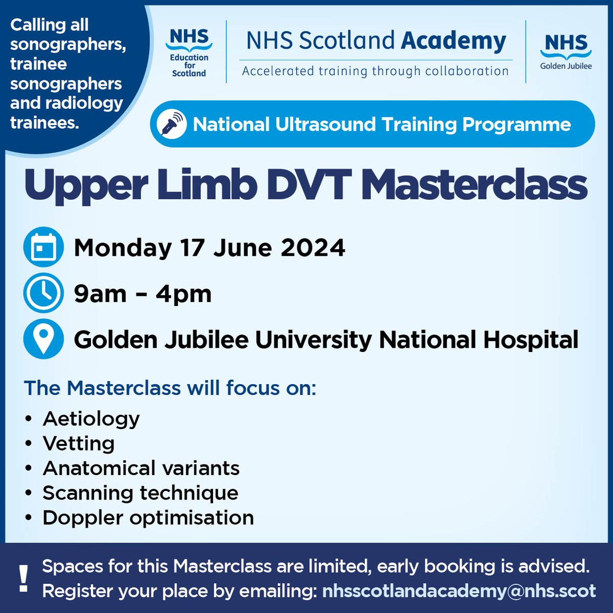 📣The National Ultrasound Training Programme are running an Upper Limb DVT Masterclass for Sonographers, Trainee Sonographers and Radiology Trainees @JubileeHospital on Monday 17 June. Email nhsscotlandacademy@nhs.scot to register your place.