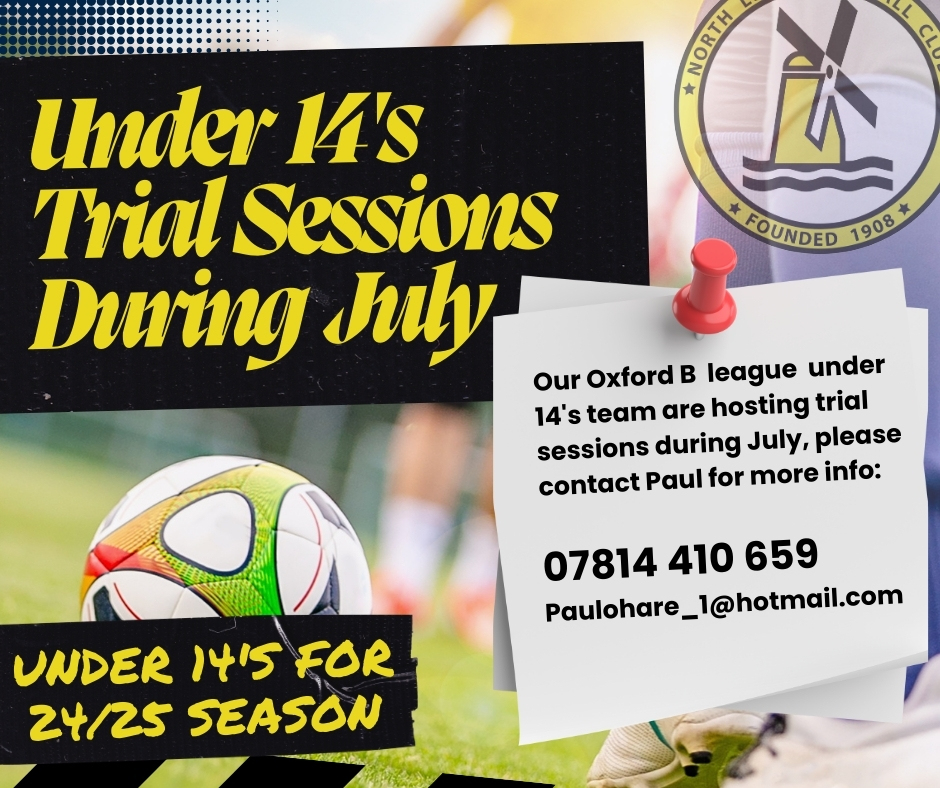 North Leigh FC under 14's are hosting trial sessions for new players during July, exact dates tbc, if you child will be eligible for under 14's football in the coming season please contact Paul and come along.
