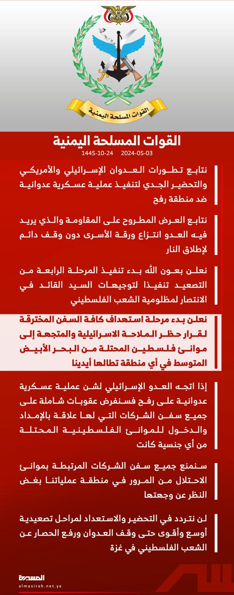 في الوقت الذي يعلن اليمن بدء الجولة الرابعة من التصعيد ضد اسرائيل نصرة لغزة يستعد النظامان السعودي والإماراتي وادواتهم لإشعال الجبهات الداخلية والاقليمية خدمة لثلاثي الشر.

نكرر نصيحتنا للنظامين السعودي والاماراتي بأن يستفيدا من تجربة حرب التسع سنوات حتى لا يتورطا في حرب جديدة.