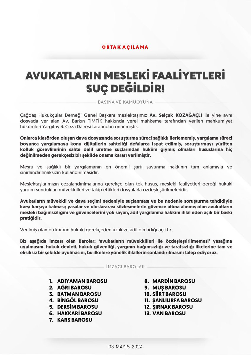 Avukatların mesleki faaliyetleri suç değildir.@AdiyamanBarosu