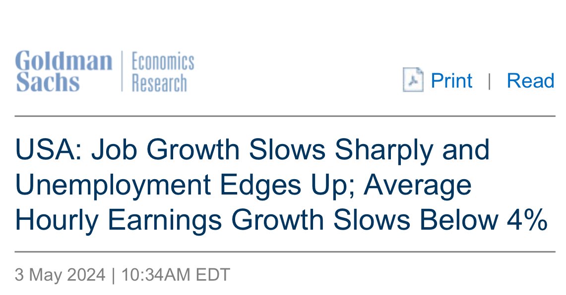 GOLDMAN: Job growth “slowed sharply across leisure and government, raising the possibility that rehiring in those two sectors has mostly run its course. .. We continue to expect two rate cuts this year, in July and November ..” #NFP