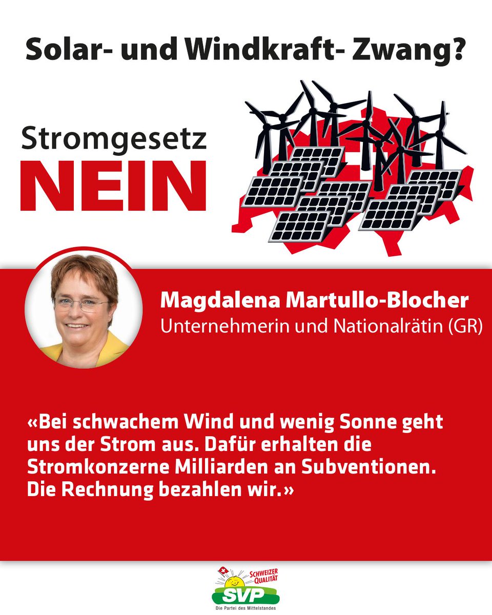 Milliarden Subventionen für eine unsichere Stromversorgung? Deshalb sagt auch unsere Nationalrätin Magdalena Martullo-Blocher am 9. Juni 2024 klar Nein zum Stromgesetz.