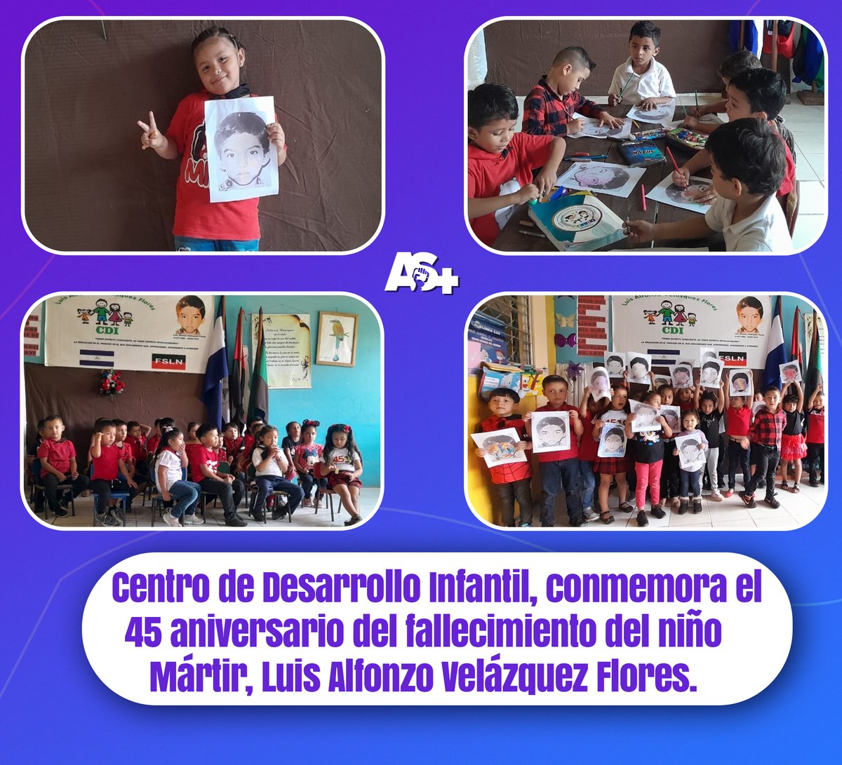 El gobierno de #Nicaragaua, a través del Centro de Desarrollo Infantil, Luis Alfonzo Velázquez Flores en el municipio de #Siuna conmemora el 45 aniversario de su fallecimiento.📷📷 Hoy reafirmamos nuestro compromiso con su legado. #SoberaníayDignidadNacional #AdelanteSiempre