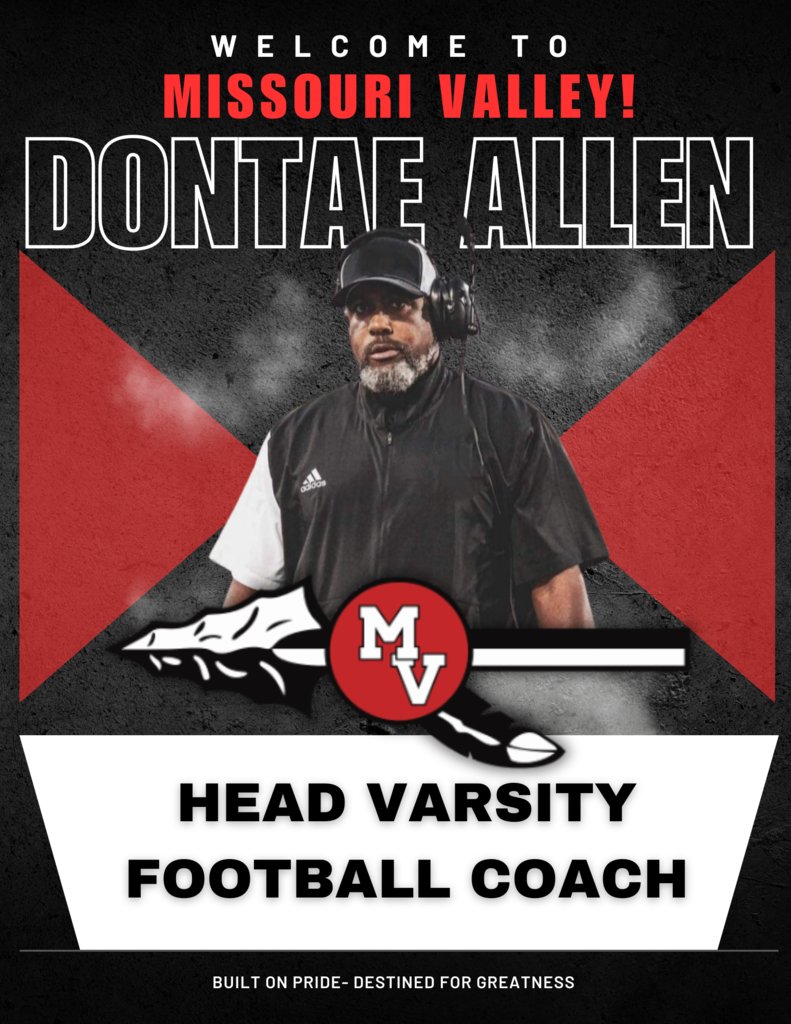 Please join us in welcoming our new head football coach, Dontae Allen. Coach Allen will hold a players meeting May 8th after school in the HS Auditorium. He will also have a parent meeting May 16th @ 6:00 pm in the HS Auditorium. Welcome, Coach Allen! #MVPride