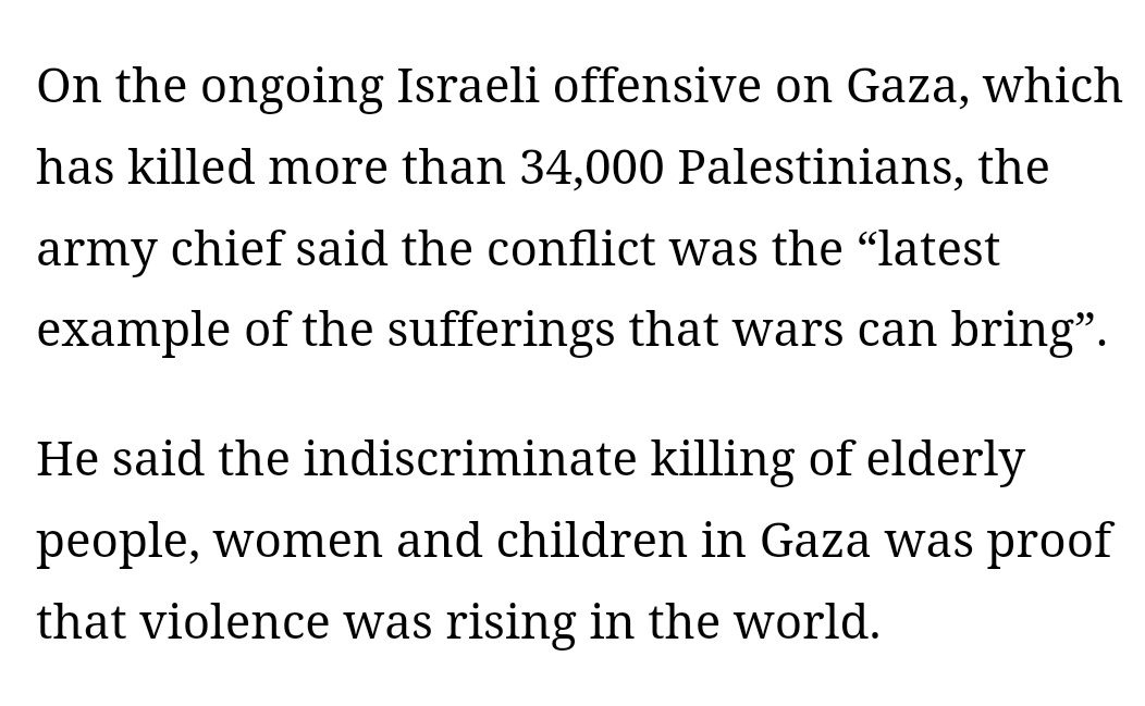 Glad the military chief of the world's only Muslim nuclear power isn't mincing any words about what forces are responsible for the slaughter in Gaza: 'war' & 'rising violence'. Such unequivocal solidarity with the Palestinian cause.