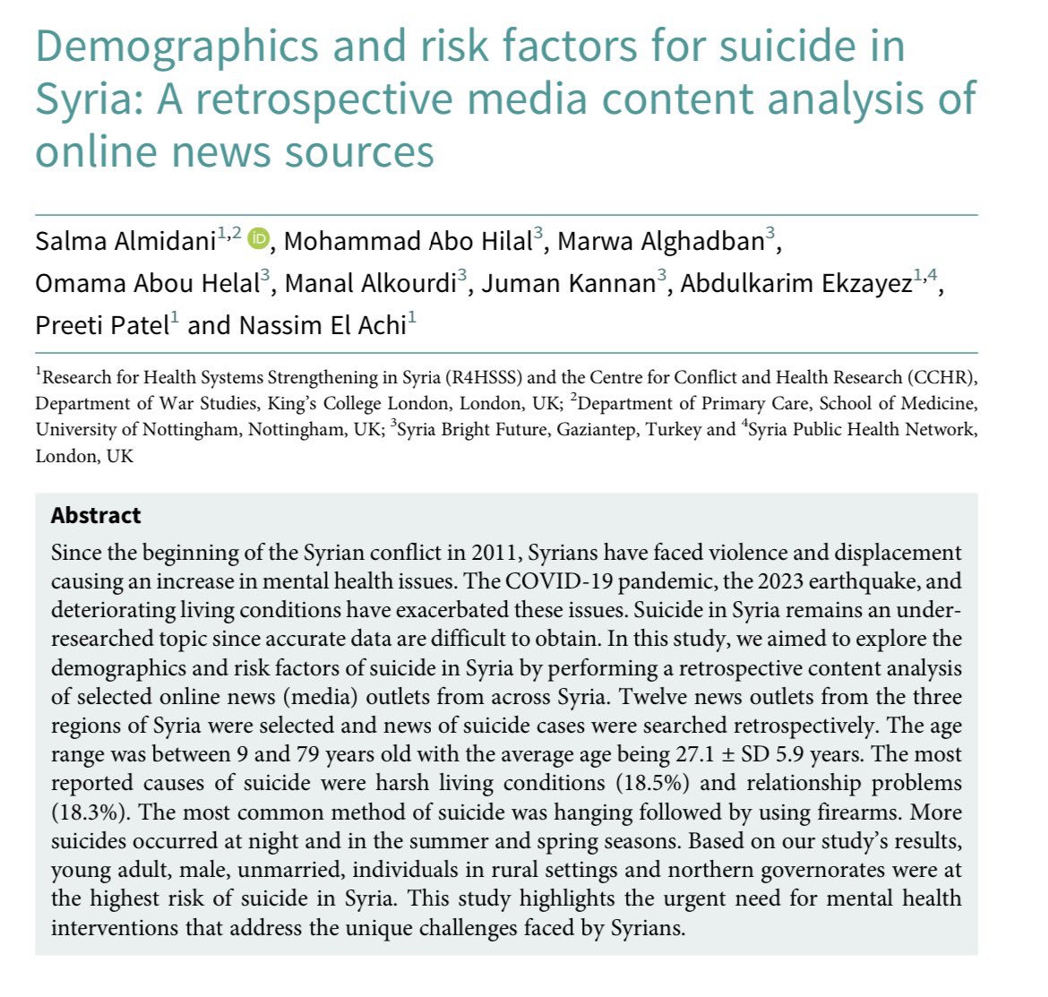 ‼️New paper with @R4HSSS in @CambridgePrisms: One of the first studies to explore demographics and risks factors for suicide in #Syria. We urge the investment in better understanding of suicide risk and prevention in the Syrian population. 📌Read here: shorturl.at/cksx3