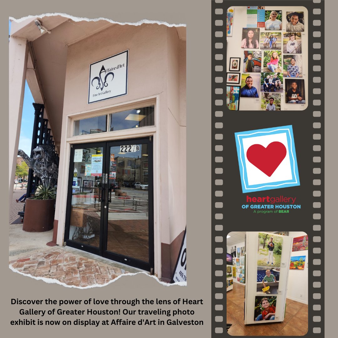 Discover the power of love through the lens of the #HeartGalleryofGreaterHouston! Our exhibit is currently showcased at Affaire d'Art in Galveston, TX! 🏖 A HUGE thank you to Affaire d'Art for hosting our Heart Gallery exhibit to help raise awareness & change lives forever! ❤🏡