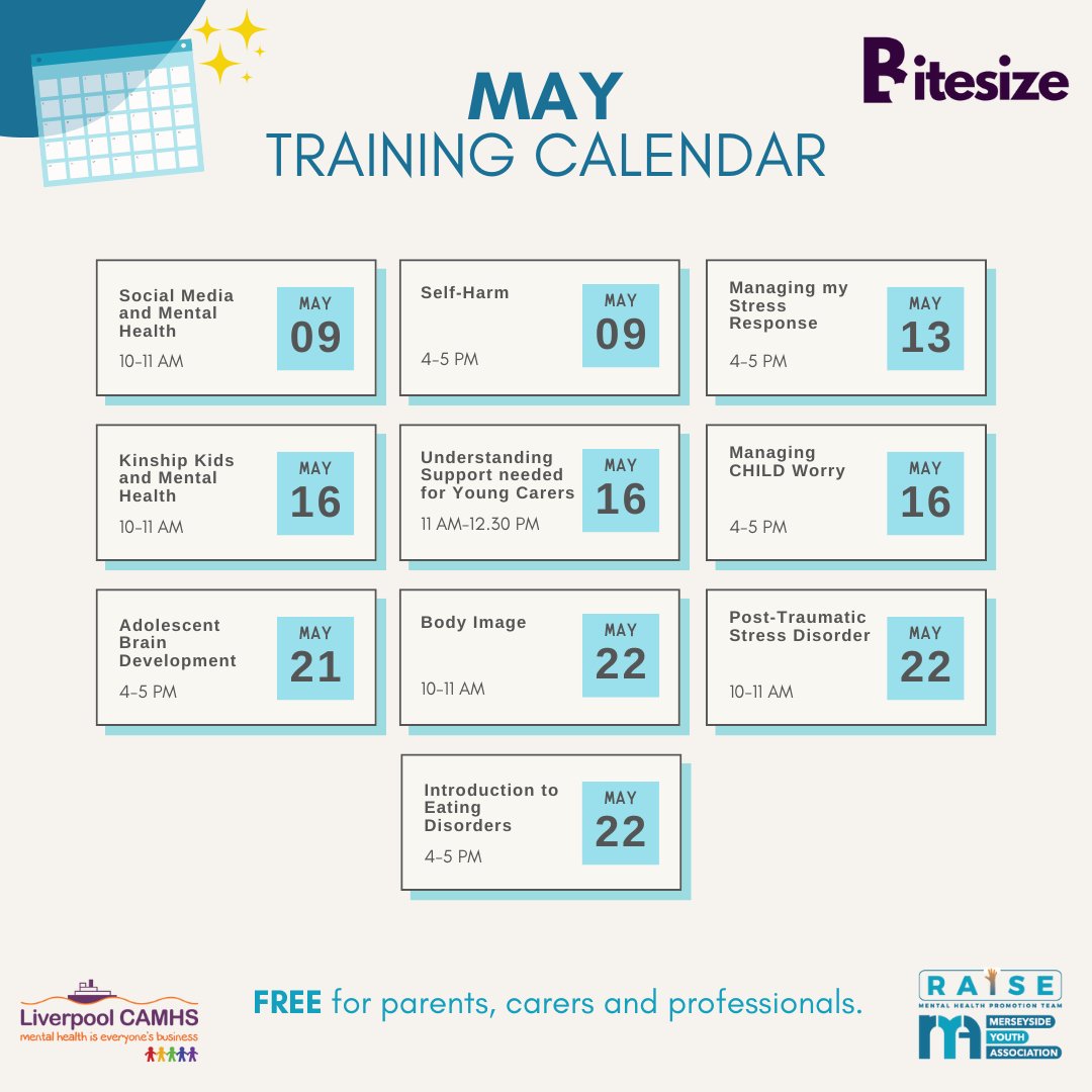 ✨ May Training Calendar 📆 Free, online, 1 hour, training sessions on mental health topics - available for parents, carers and professionals! 🧠 To book your place on the training sessions - liverpoolcamhs.com/professionals/… @liverpoolcamhs