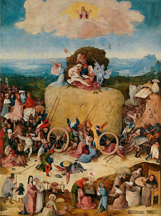 #art H. Bosch
'Il carro di fieno' è l'allegoria lucida e sferzante dell'avidità e della lussuria. La ricchezza è appannaggio dei potenti. Una varia umanità lo segue, lottando,tra le difficoltà della vita, per afferrarne un ciuffo, un po' di fortuna, rischiando di esserne travolta