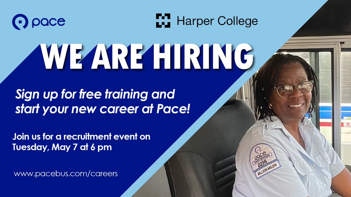 Interested in jumpstarting your career in public transportation? Join Pace at Harper College for a recruitment event to help prepare you to become a professional bus operator. Join us next Tuesday, May 7 at 6 pm. Learn more: bit.ly/4a3FDZK