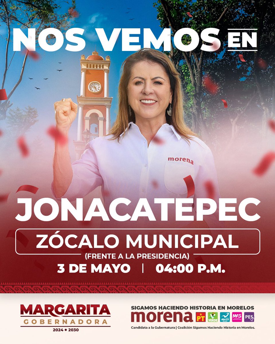 📍 Los espero esta tarde en Jonacatepec para continuar con el recorrido de la Ruta de la transformación. Vamos a seguir visitando todo el estado, municipio por municipio. El cambio verdadero está en Morena y cada día más gente se convence y se vuelve parte de nuestro movimiento.…