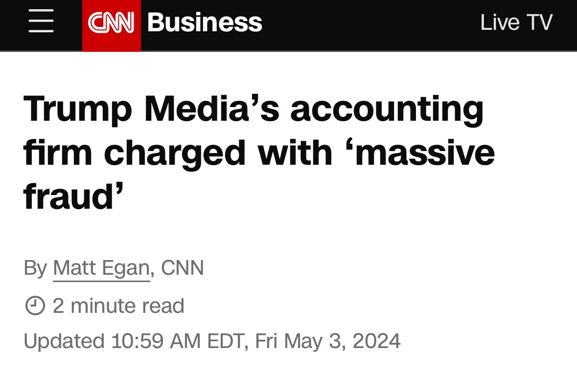 The Trump stock is definitely not a scam….their accounting firm was just changed with ‘massive fraud’ cnn.com/2024/05/03/bus…