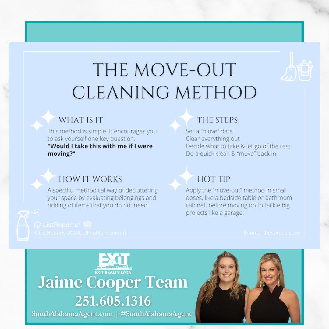 Ready for a change? Embrace the ‘Move-Out Method’ to simplify your space and prepare for your next chapter!🧹

 Jaime Cooper Team 📲251.605.1316 #SouthAlabamaAgent
 #JaimeCooperTeam #TopAgent #home #RealEstate #realestateagent  #FairhopeAL #DaphneAL #houseexpert #house #athome