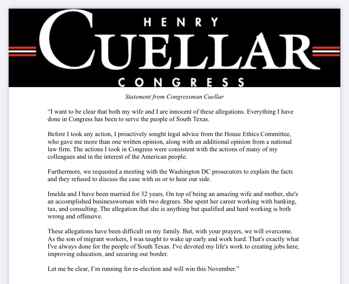 News: Henry Cuellar says he’s innocent as @NBCNews reported he’s about to be indicted by DOJ. “I’m running for reelection and will win this November”