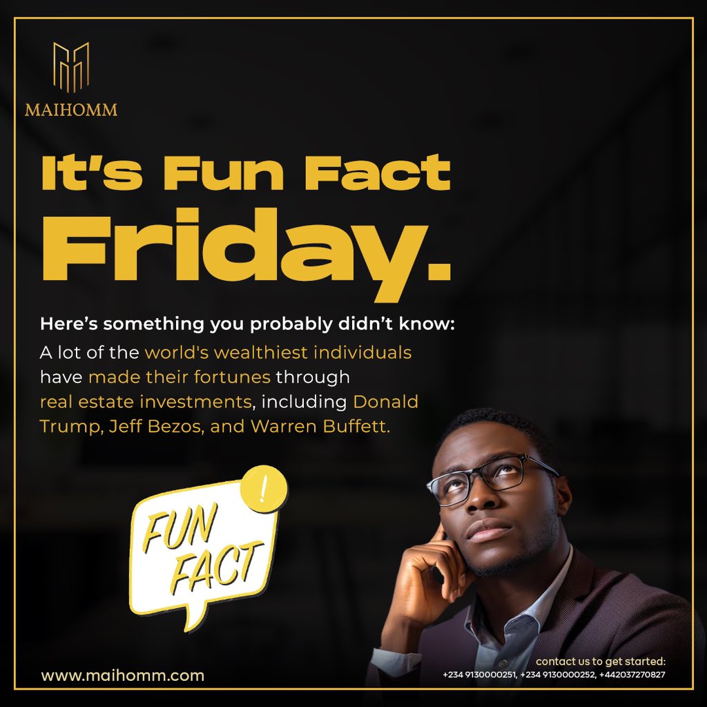 This Friday, we’re sharing a little fun fact with you😊 

You probably didn’t know this but a lot of the world’s wealthiest individuals made their fortune through real estate investment🏡

Follow us @maihomm_global

#Weekend #WeekendVibes #TGIF #FridayFeelings #CheersToTheWeekend