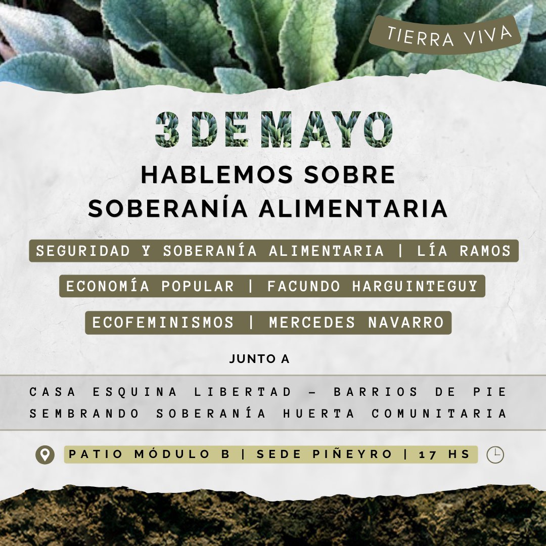 Encuentro 'Hablemos sobre soberanía alimentaria'

📌 Invitados/as especiales harán un recorrido sobre la Seguridad y Soberanía Alimentaria, la Economía Popular y el Ecofeminismo.

👉 ¿Dónde? En el patio del módulo B - Sede Piñeyro #UNDAV.

#Soberaníaalimentaria #buenvivir