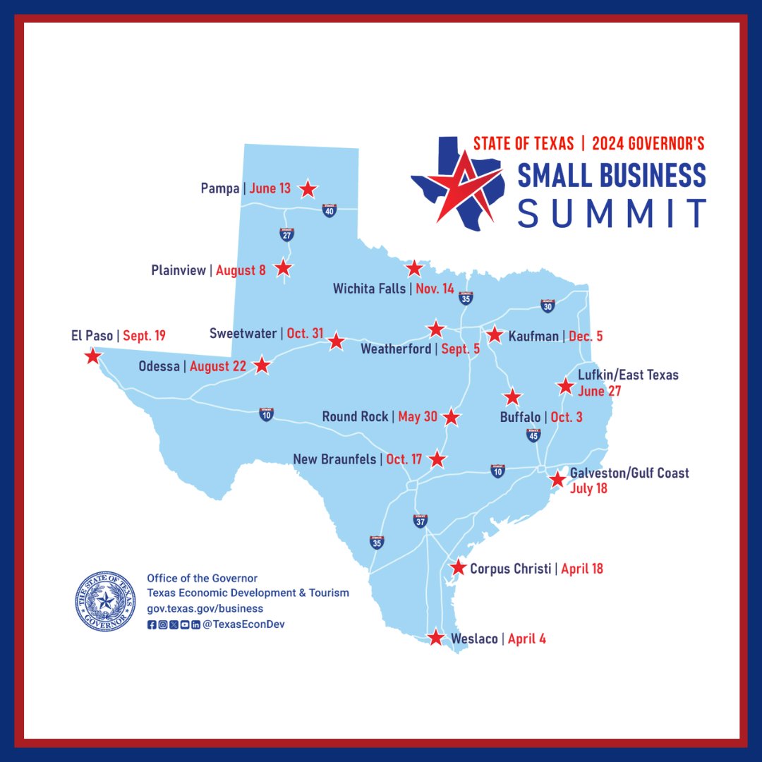 As we wrap #SmallBizWeekTexas, we encourage you to find an upcoming Governor’s Small Business Summit near you! Network with other business owners & meet experts who can share timely, relevant, actionable advice on a multitude of small business topics >> gov.texas.gov/smallbusiness