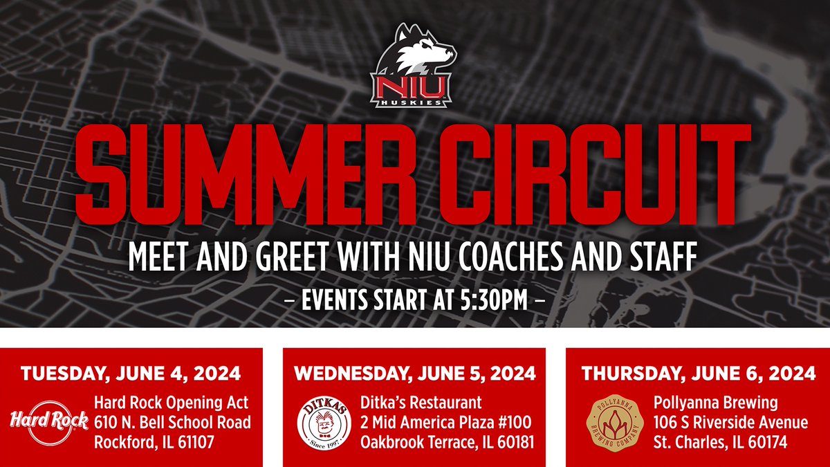 Huskie Summer Circuit season is HERE! NIU alumni, fans and friends are invited to join @SeanTFrazier and NIU Athletics head coaches for our annual Summer Circuit on June 4-6. Chat with coaches, get season tickets, and win raffle prizes! Learn more: bit.ly/4aYMSUb
