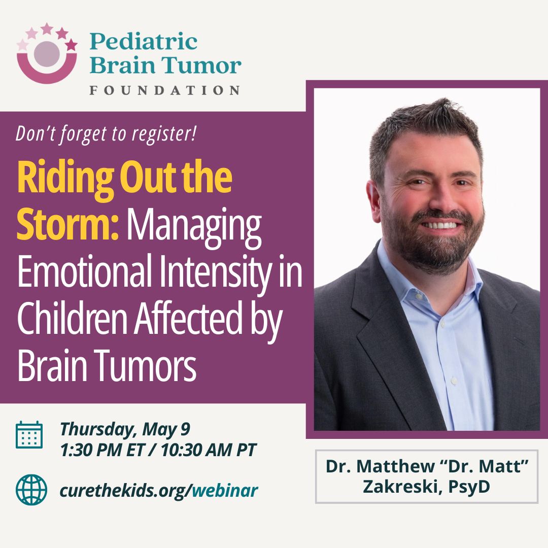 Join us 5/9 for a special #ChildrensMentalHealth Awareness Week webinar: buff.ly/3XdWIdk 

Pediatric brain tumor survivor & clinical psychologist Dr. Matt Zakreski will talk about brain tumors' effects on kids' mental health & ways to help manage difficult feelings. #btam