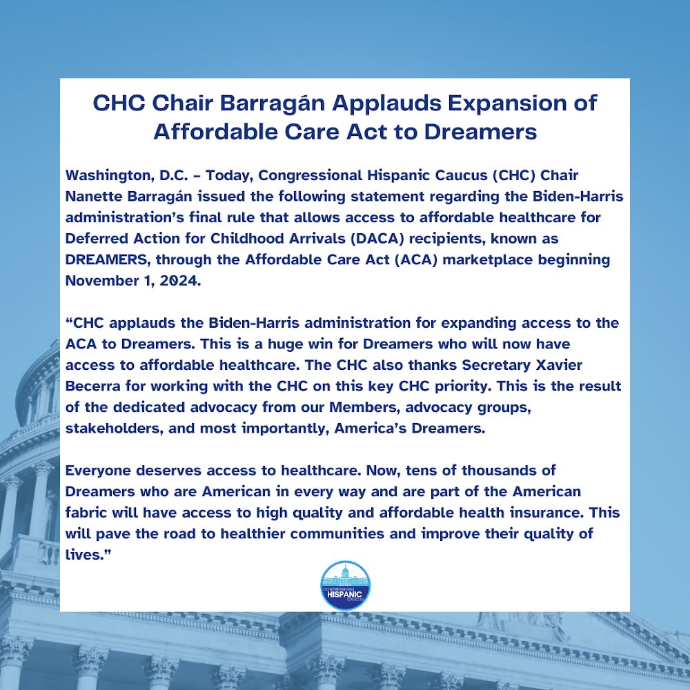 CHC Chair @RepBarragan Applauds Expansion of Affordable Care Act to America’s Dreamers ⬇️